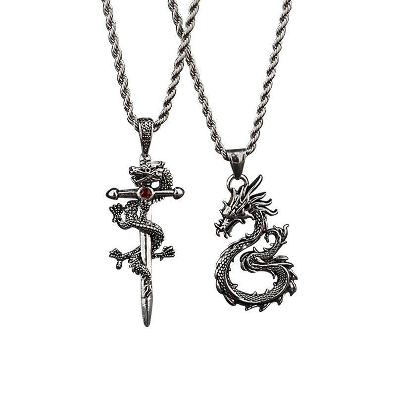 Paved Black Dragon Sword Pendant Necklace