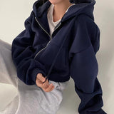 Velvet Padded Warm Navy Blue Hooded Sweater