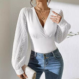 Chiffon Stitching Knitted Deep V Long Sleeve Top