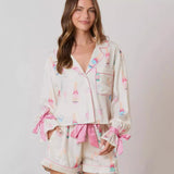 Bow Long Sleeve Pajamas Shorts Suit