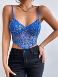 Lace Wrap Chest Back Slim Fishbone Sky Blue Tank Top