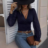 Chiffon Stitching Knitted Deep V Long Sleeve Top