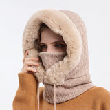 Thick Plush Hat With Scarf Windproof Warm Knit Hats Hooded