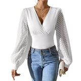 Chiffon Stitching Knitted Deep V Long Sleeve Top