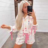 Bow Long Sleeve Pajamas Shorts Suit