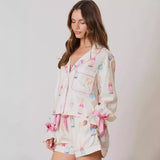 Bow Long Sleeve Pajamas Shorts Suit